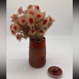 Red brown Ceramic Vessel / Vase with Lid and Dried Flowers